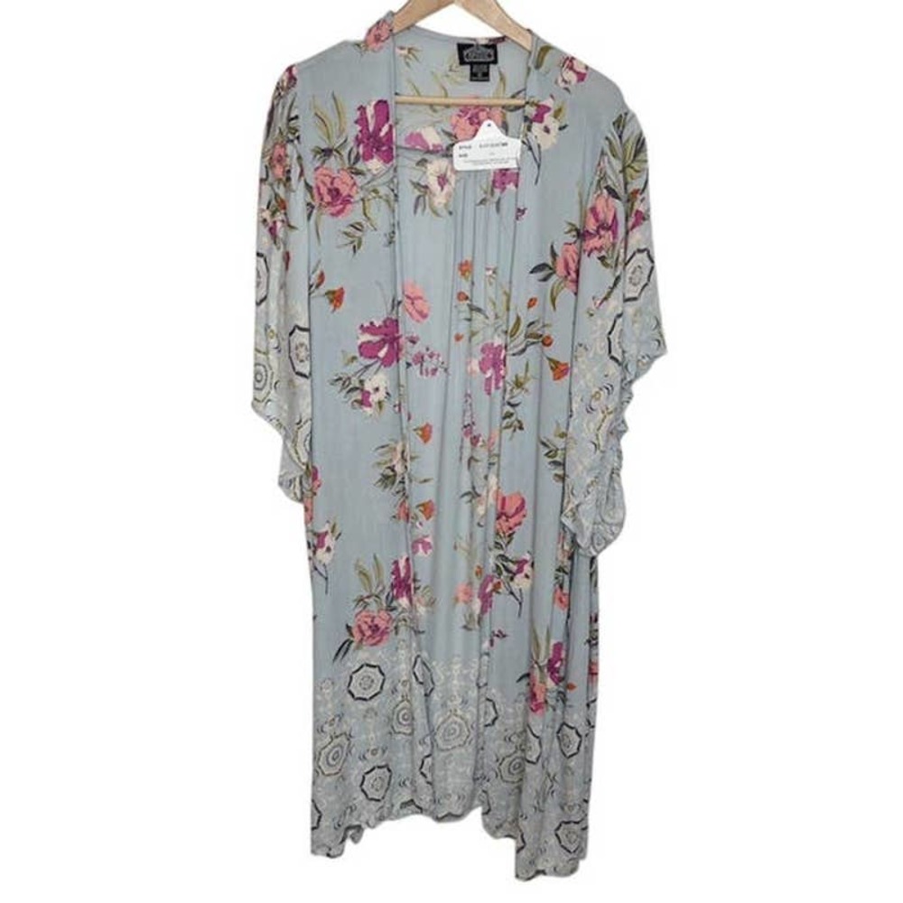 Angie Women's Open Front Kimono Size Medium Blue Gray Floral Long Length Rayon